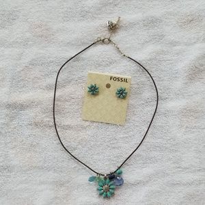 Fossil Necklace and Earrings turquoise blue flower